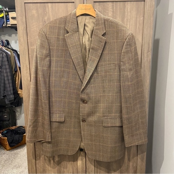 Lauren Ralph Lauren 44R Blazer Wool Silk Brown Glen Plaid Jacket - Picture 1 of 11